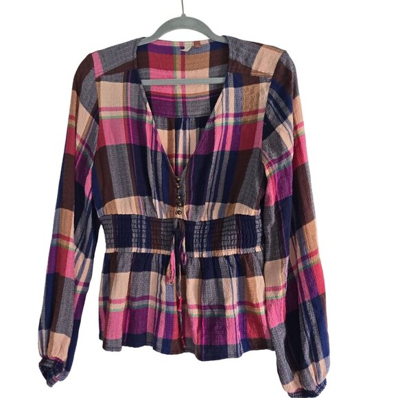Anthropologie Pilcro Plaid Deep V Blouse Smock Waist Peplum Top Size S - Picture 2 of 9